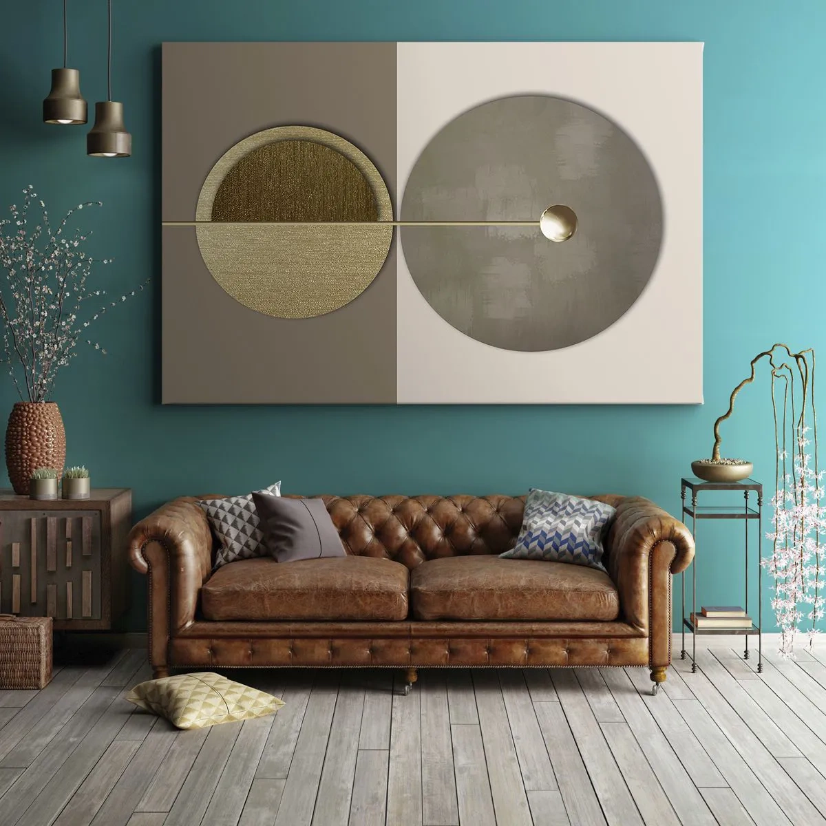 Lærredstryk - Billede på lærred - Abstrakte cirkler i nuancer af guld og beige - 70x50cm - Perfekt balance - Moderne vægdekoration til stue og soveværelse ARTTOR