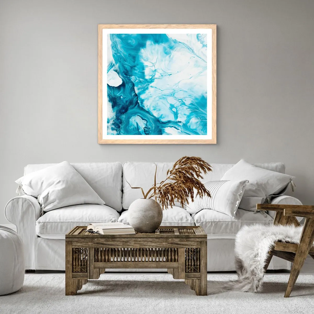 Plakat i ramme af lyst egetræ - Blå koncert - 60x60 cm