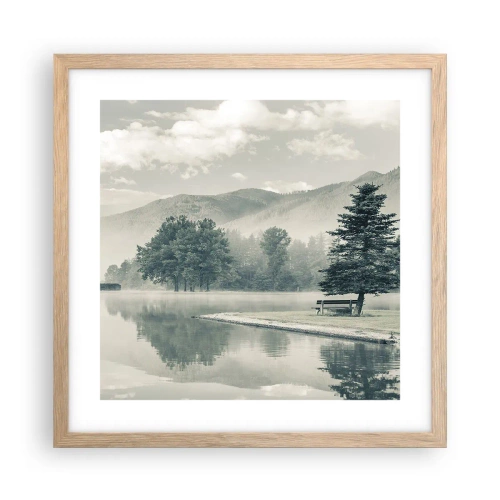 Plakat i ramme af lyst egetræ - Søen sover stadig - 40x40 cm