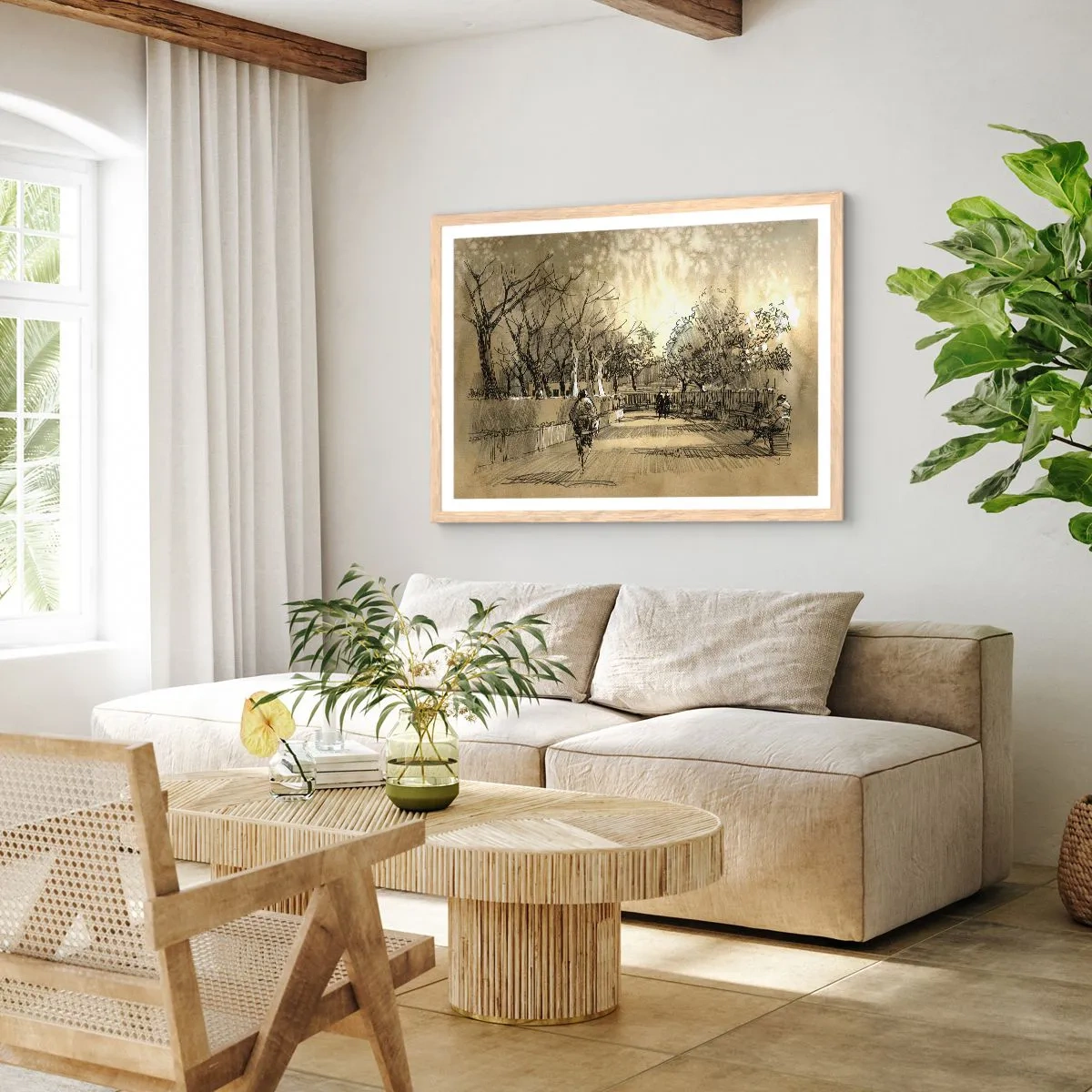 Plakat i ramme af lyst egetræ - Et øjeblik med fjer - 40x30 cm