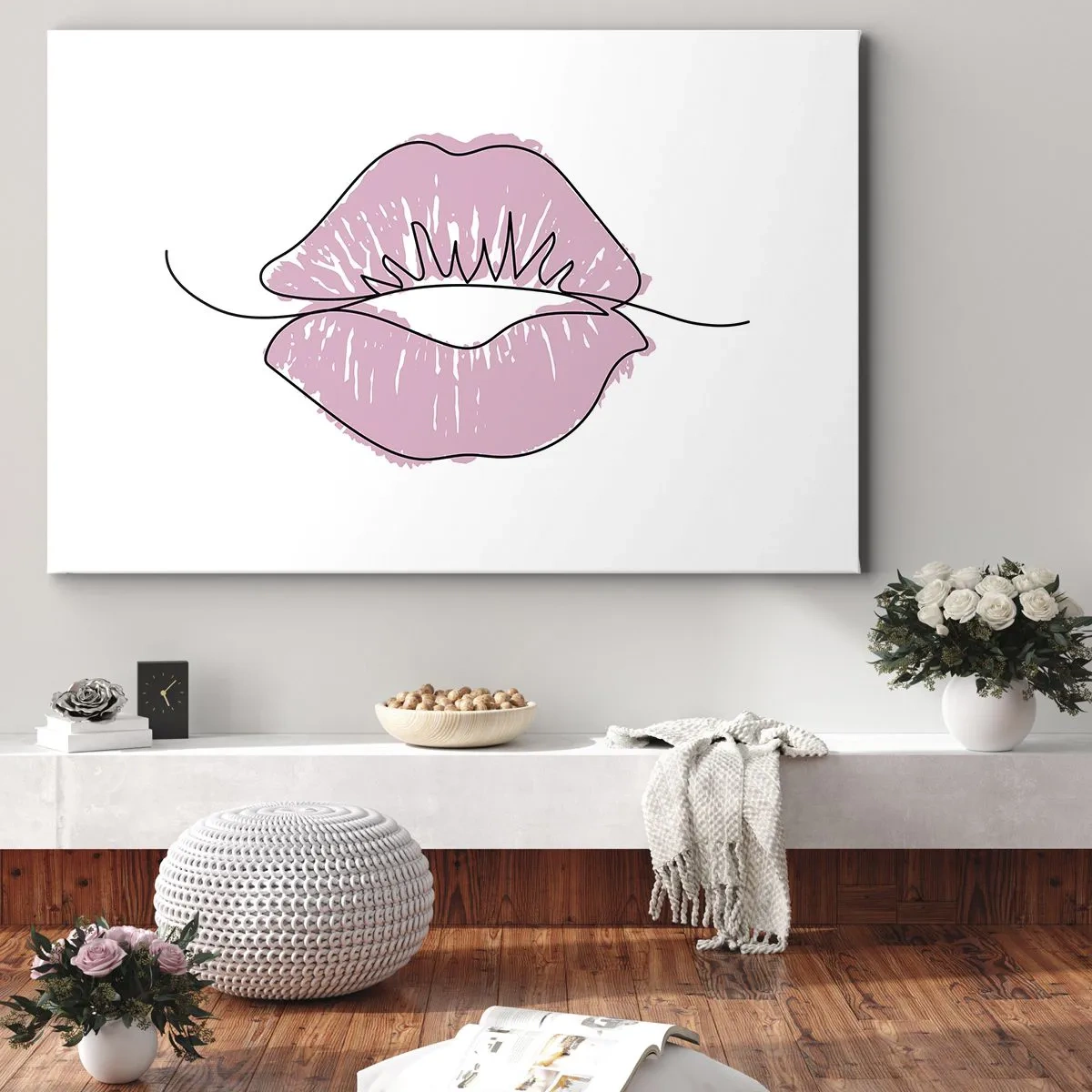 Lærredstryk - Billede på lærred - Minimalistisk læbetegning i en lyserød nuance - 70x50cm - Klar til at kysse? - Moderne vægdekoration til stue og soveværelse ARTTOR