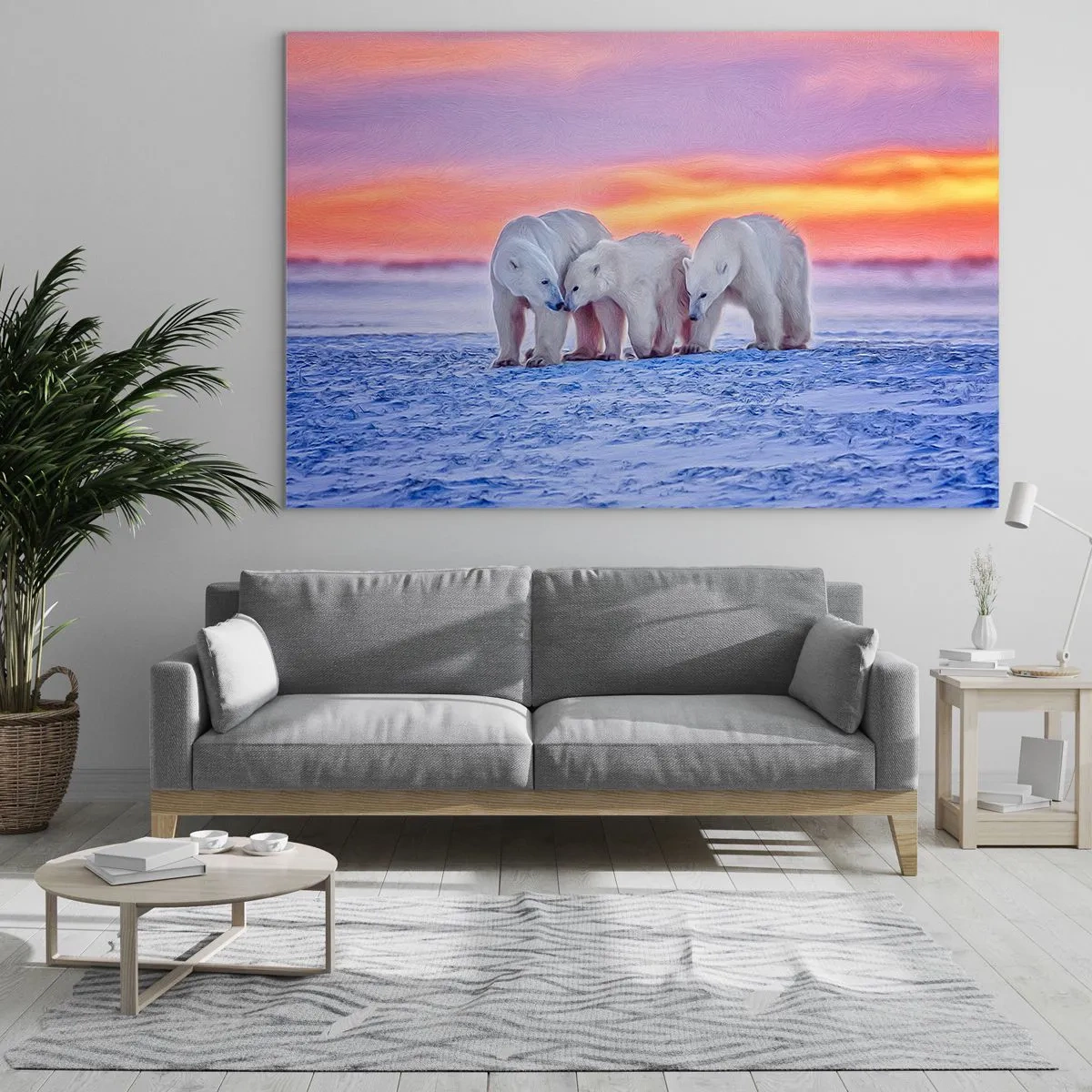 Billede på glas - Tre isbjørne på en snedækket baggrund ved solnedgang - 70x50cm - Familievarme er nok - Moderne vægdekoration til stue og soveværelse ARTTOR
