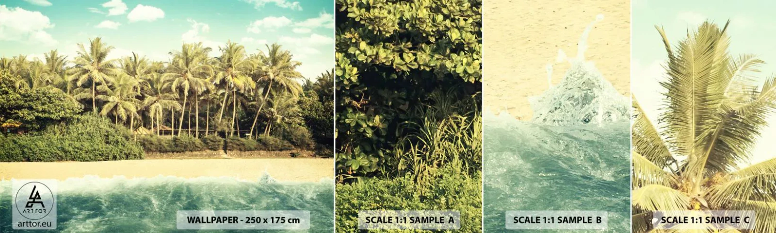 Fototapet Prøve Standard Eco - Hvad med her? - Landskab, Strand, Kokospalme - 100x30 cm