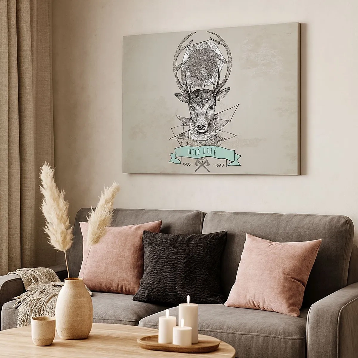 Lærredstryk - Billede på lærred - Hjortegeometri i vintagestil med Wild Life-skrift - 70x50cm - Synet af sankt Hubertus - Moderne vægdekoration til stue og soveværelse ARTTOR