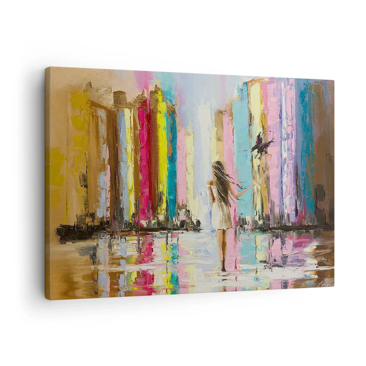 Lærredstryk - Billede på lærred - En farverig by og en kvinde i en hvid kjole med en fugl - 70x50cm - Følg mig - Moderne vægdekoration til stue og soveværelse ARTTOR