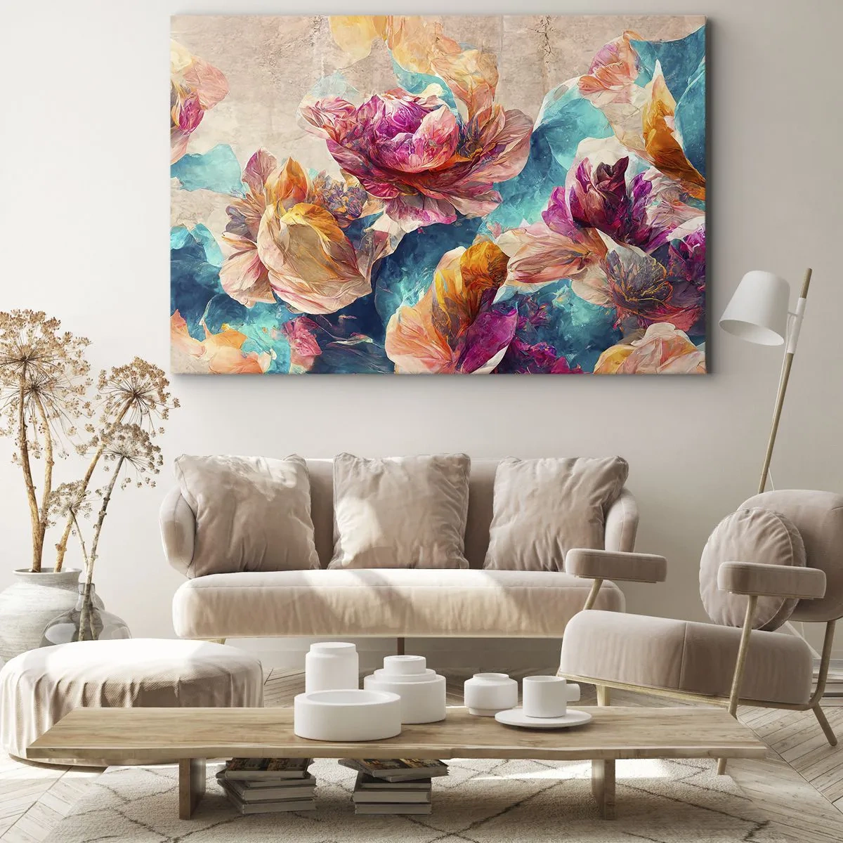Lærredstryk - Billede på lærred - Farverige blomster på en beige baggrund - 70x50cm - Den farverige pragt i en buket - Moderne vægdekoration til stue og soveværelse ARTTOR