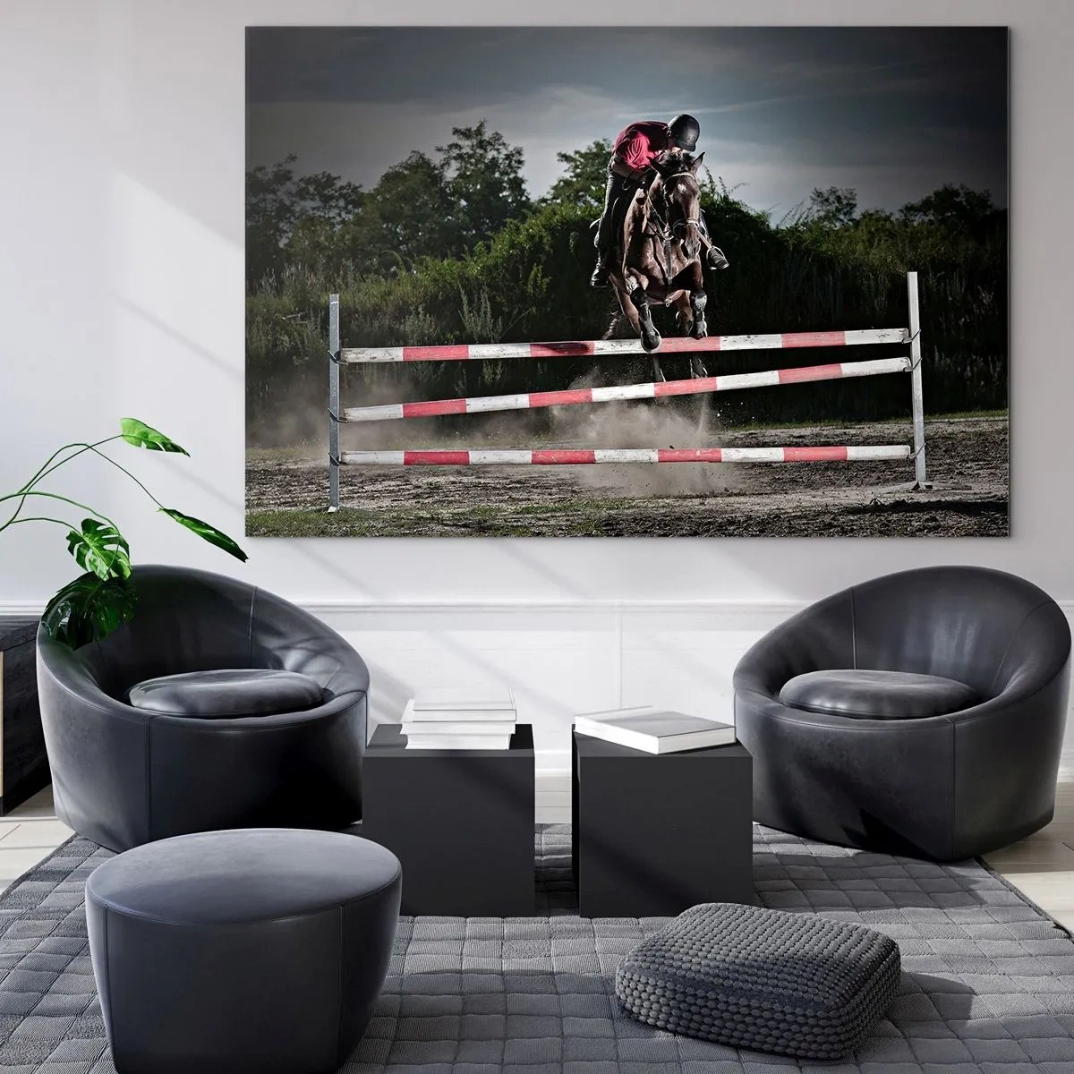 Billede på glas - En rytter på en hest hopper over en forhindring mod naturens baggrund - 70x50cm - Sammen om sejren - Moderne vægdekoration til stue og soveværelse ARTTOR