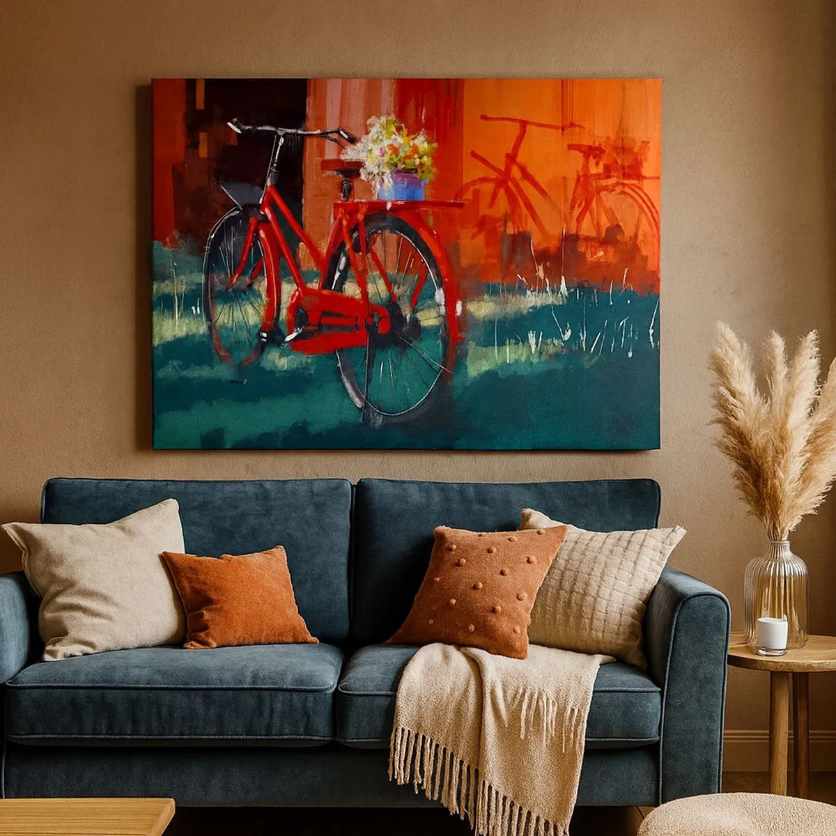 Lærredstryk - Billede på lærred - En rød cykel med blomster mod en orange væg - 70x50cm - I want to ride my bicycle - Moderne vægdekoration til stue og soveværelse ARTTOR