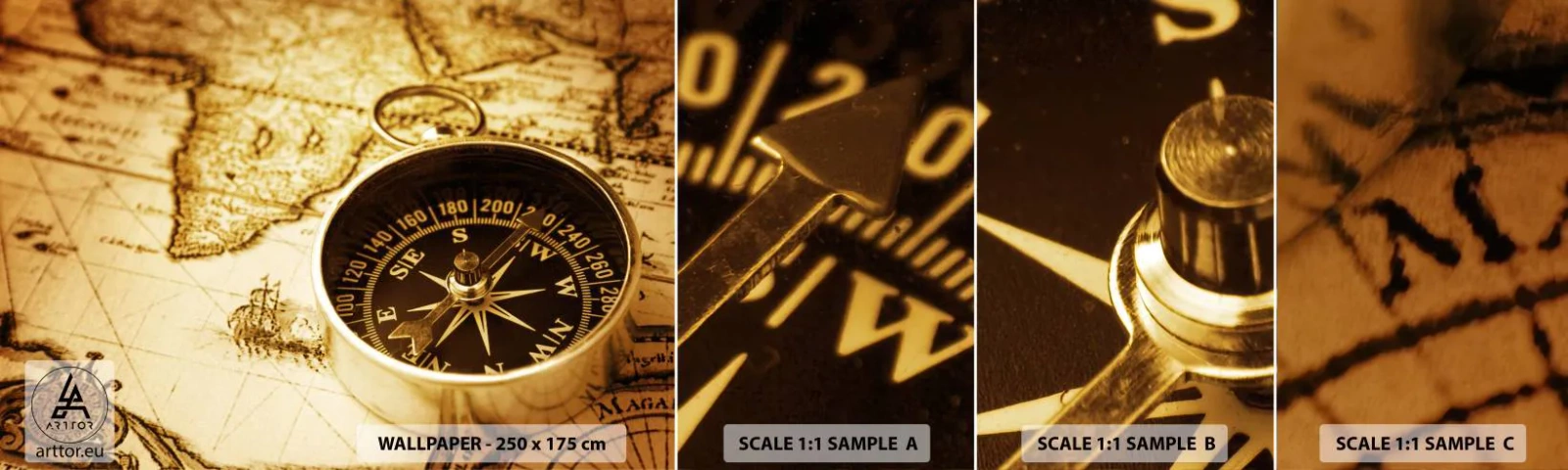 Fototapet Prøve Standard Eco - Øst eller vest? - Rejser, Verdenskort, Kompas - 100x30 cm