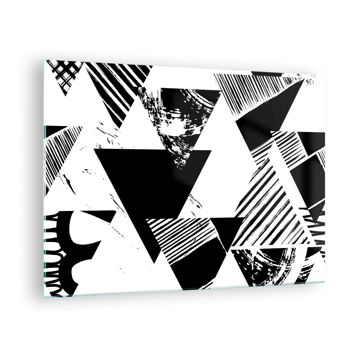 Billede på glas - Sort-hvide geometriske mønstre med trekantmotiver - 70x50cm - Regn af trekanter - Moderne vægdekoration til stue og soveværelse ARTTOR