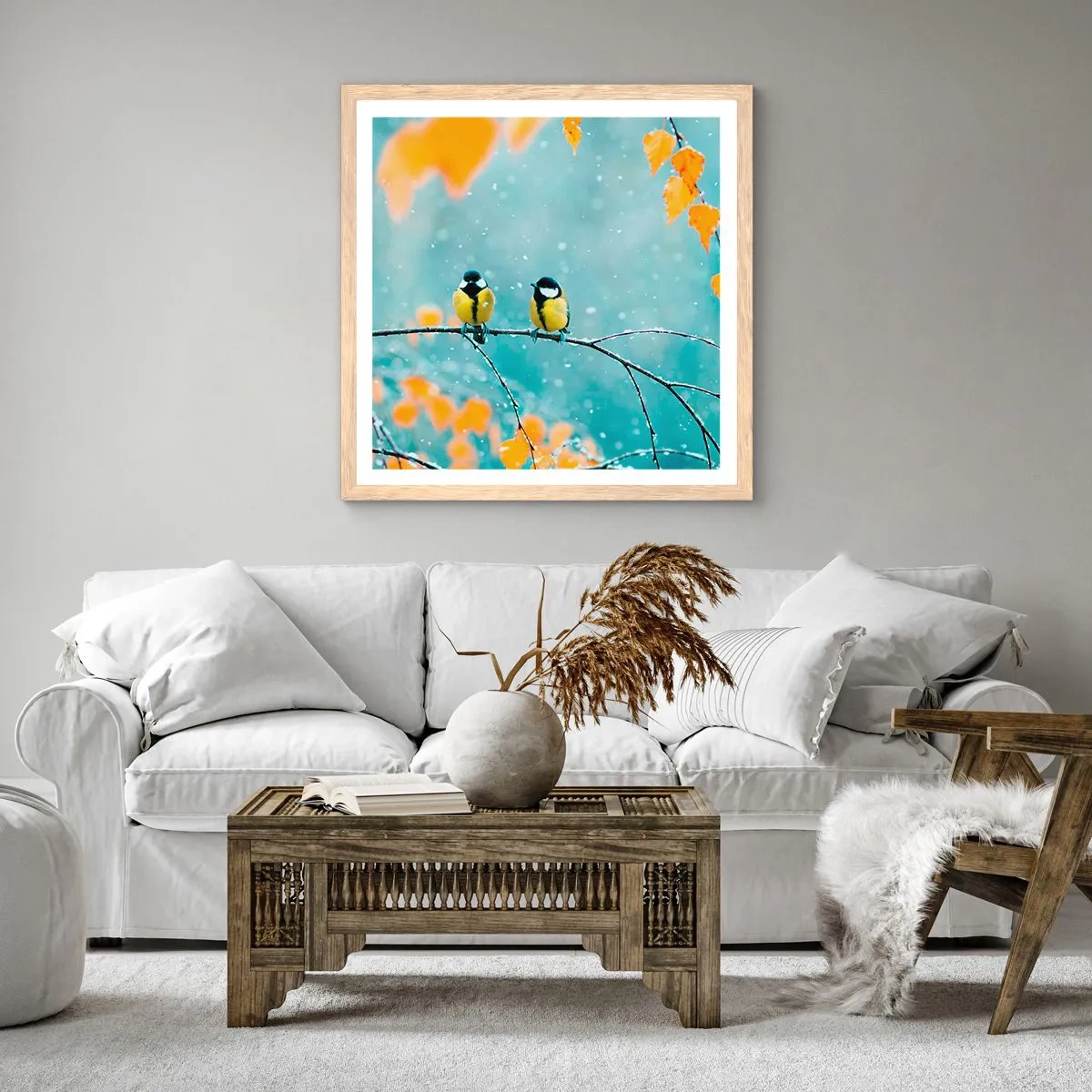 Plakat i ramme af lyst egetræ - Sladder om fugle - 30x30 cm