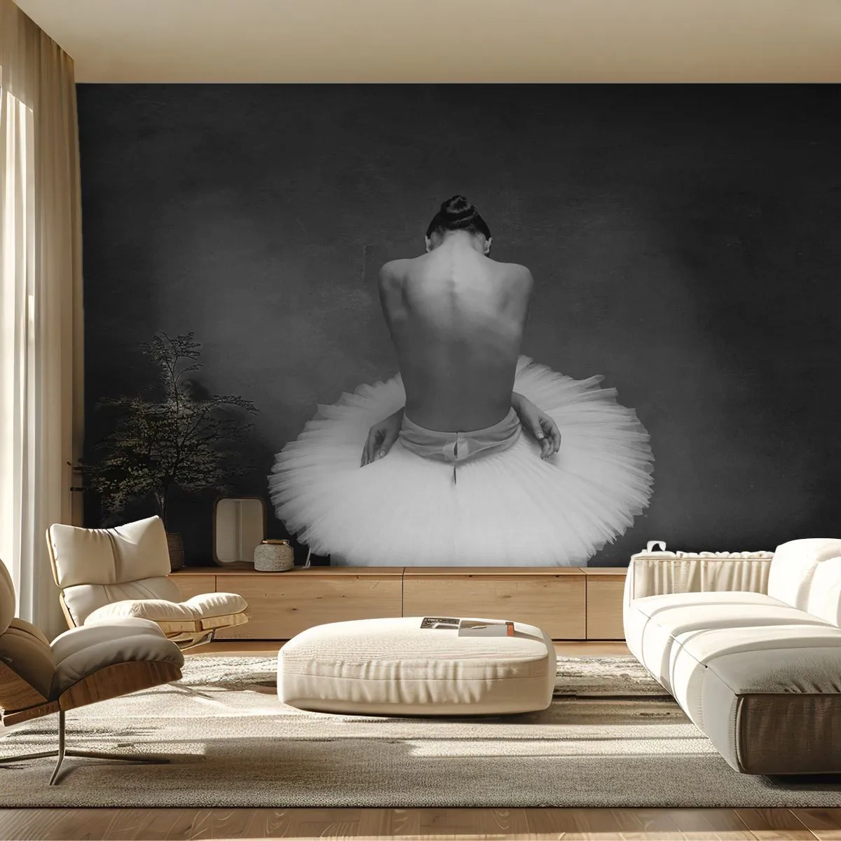 Fototapet Standard Eco - Sort-hvidt fotografi af en ballerina i en klassisk positur - 100x70cm - Blomstrer nu - Moderne vægdekoration til stue og soveværelse ARTTOR
