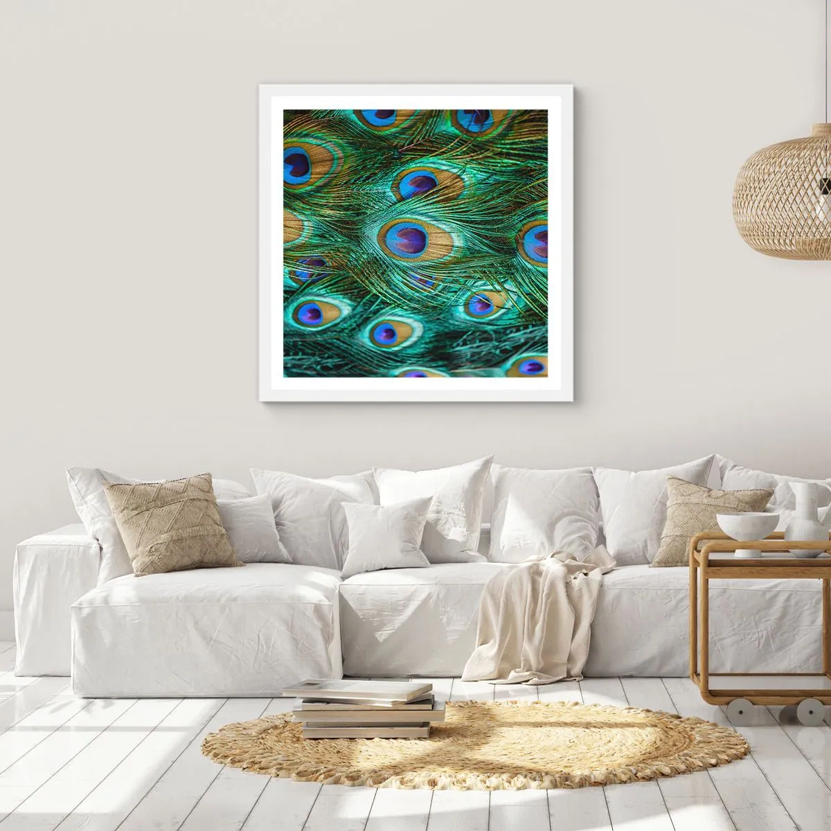 Plakat i hvid ramme - En påfugls blik - 30x30 cm
