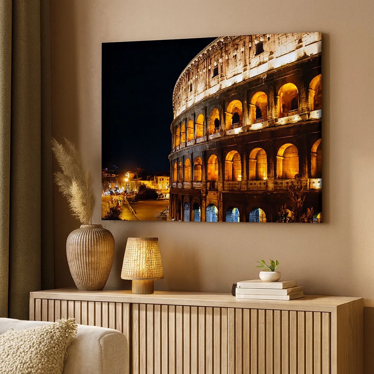 Lærredstryk - Billede på lærred - Colosseum oplyst af lys om natten i Rom - 70x50cm - Legene er ved at begynde - Moderne vægdekoration til stue og soveværelse ARTTOR