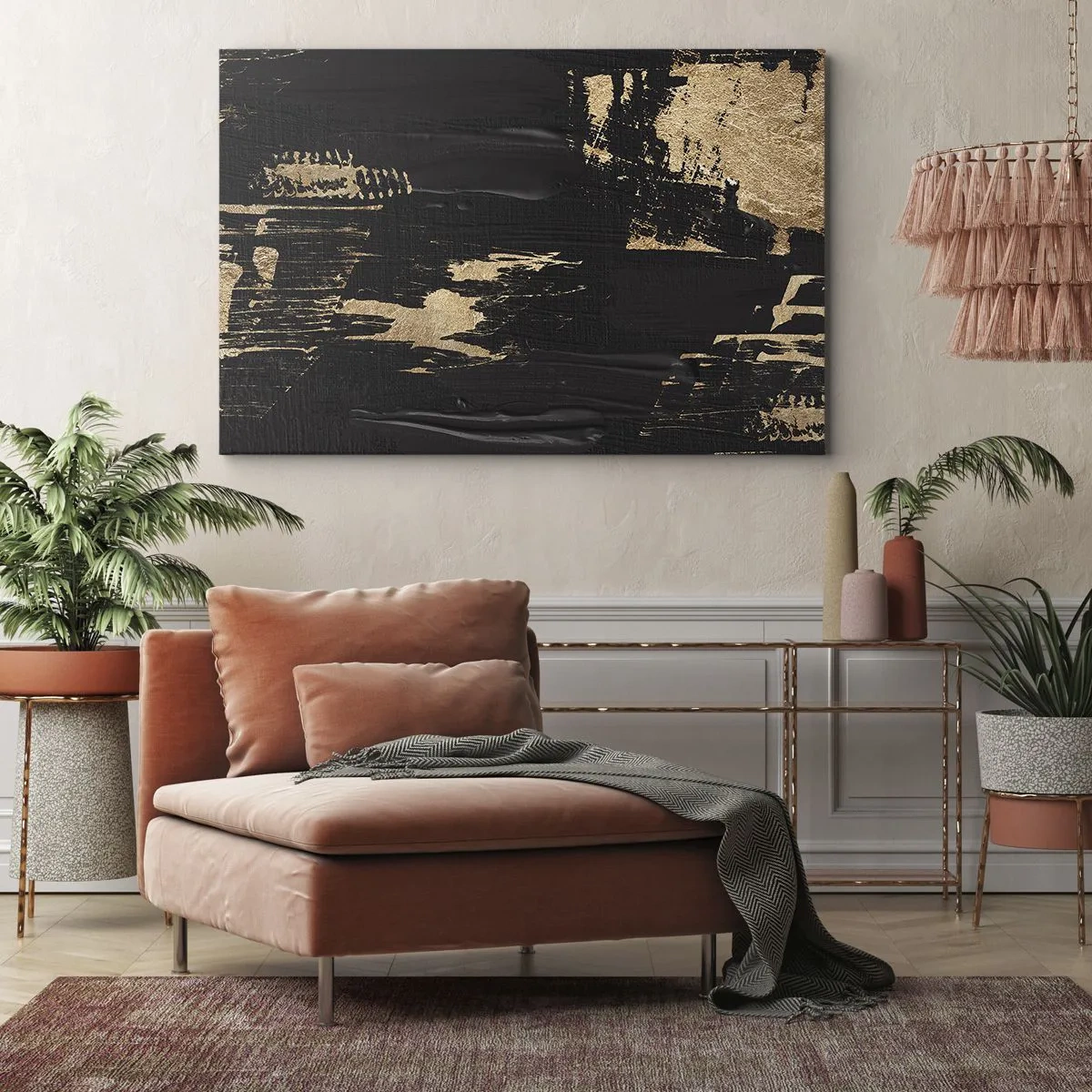 Lærredstryk - Billede på lærred - Abstrakt komposition i nuancer af sort og guld - 70x50cm - Et spor af berøring - Moderne vægdekoration til stue og soveværelse ARTTOR