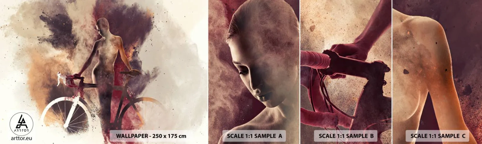 Fototapet Prøve Standard Eco - I marmor former den cyklende sjæl - Abstraktion, Kvinde, Cykel - 100x30 cm