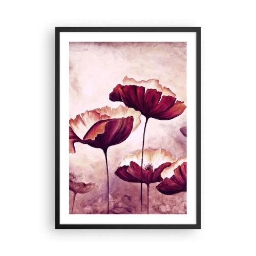 Plakat i sort ramme - Maleriske valmuer mod en diskret pastelfarvet baggrund - 50x70cm - Rød og hvid flage - Moderne vægdekoration til stue og soveværelse ARTTOR