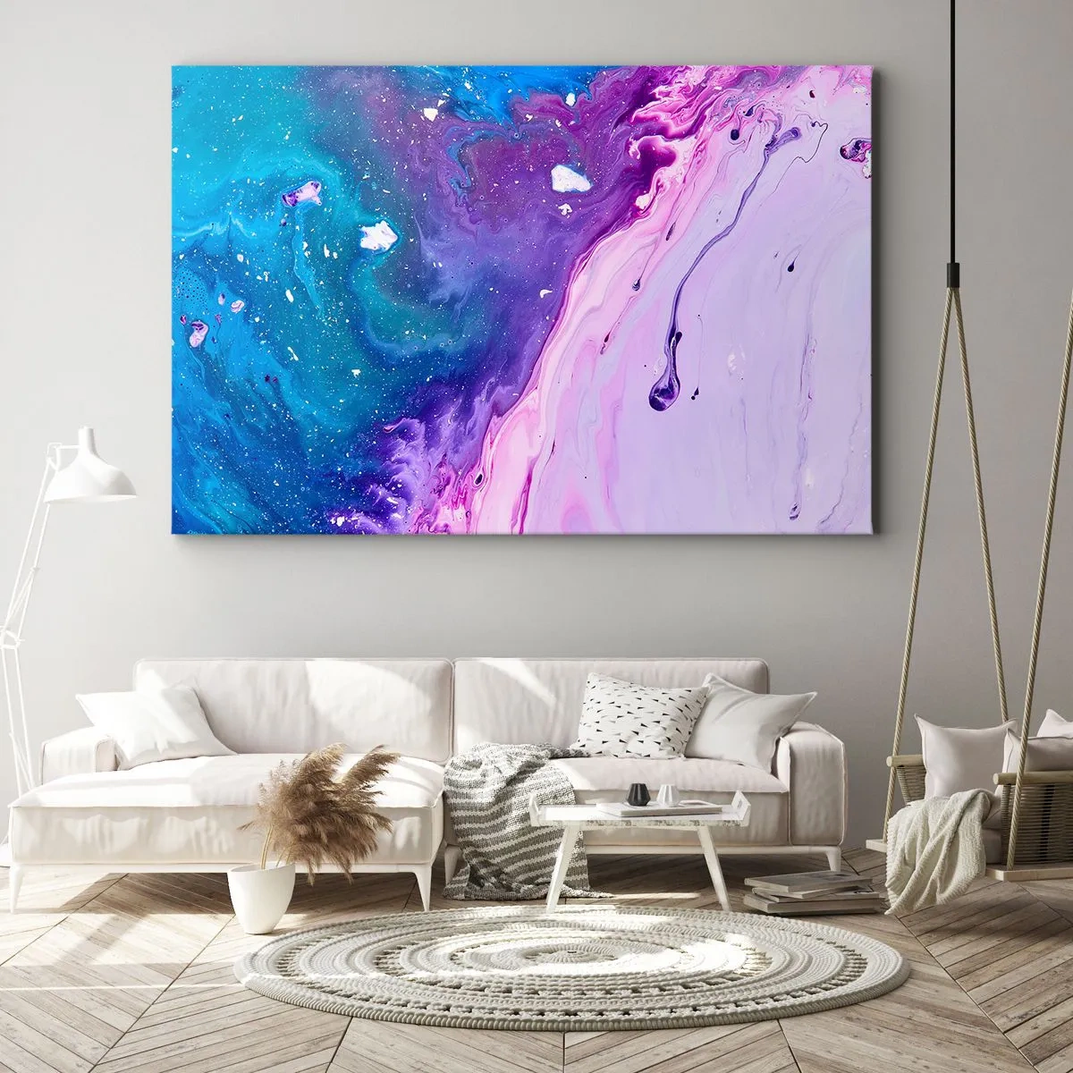 Lærredstryk - Billede på lærred - Abstraktion i lilla og turkise farver inspireret af kontraster - 70x50cm - Yin og yang - Moderne vægdekoration til stue og soveværelse ARTTOR