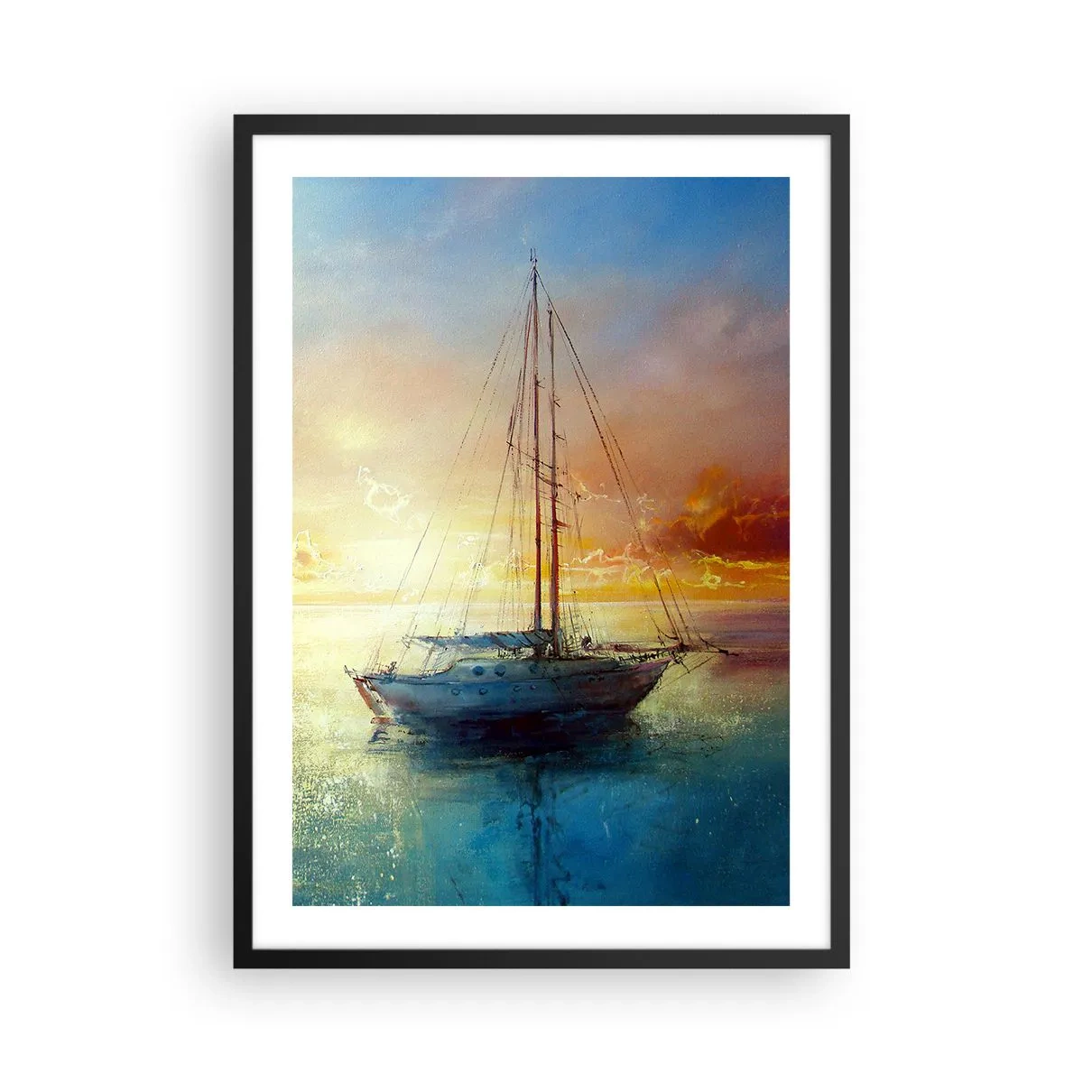 Plakat i sort ramme - En yacht på et roligt hav ved solnedgang - 50x70cm - I en gylden bugt - Moderne vægdekoration til stue og soveværelse ARTTOR