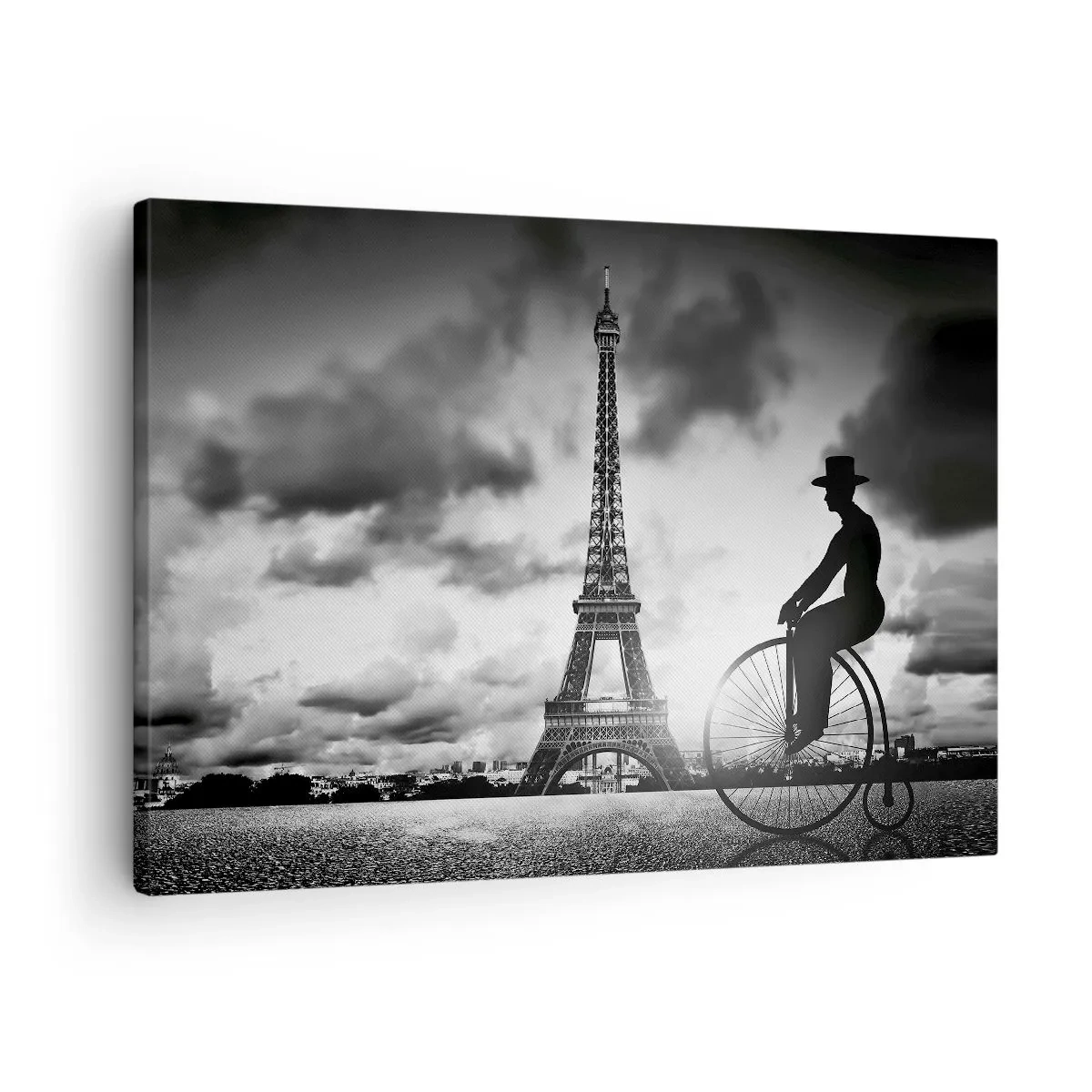 Lærredstryk - Billede på lærred - Sort-hvidt billede af en retrocykel med Eiffeltårnet i baggrunden - 70x50cm - Længsel efter Belle Epoque - Moderne vægdekoration til stue og soveværelse ARTTOR