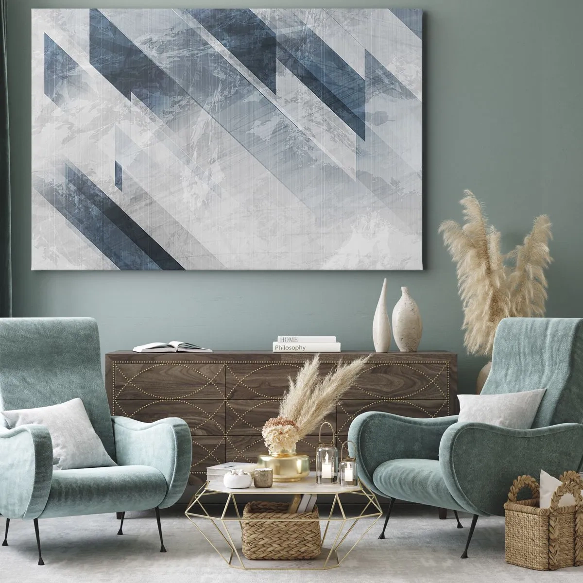 Lærredstryk - Billede på lærred - Abstrakte linjer i nuancer af grå og blå - 70x50cm - Rumlig komposition - bevægelse af gråtoner - Moderne vægdekoration til stue og soveværelse ARTTOR
