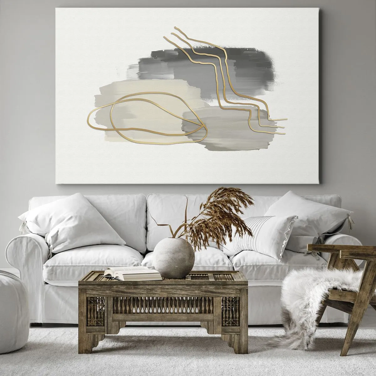 Lærredstryk - Billede på lærred - Abstrakte gyldne linjer på en grå baggrund - 70x50cm - Vedholdenhed og bevægelse - Moderne vægdekoration til stue og soveværelse ARTTOR