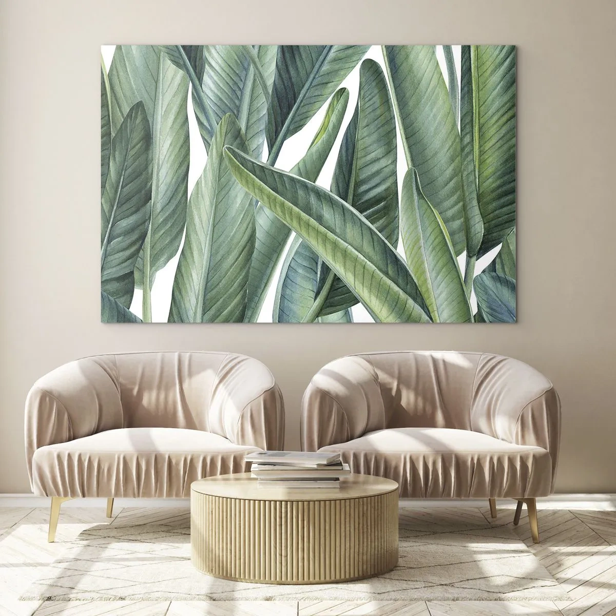 Billede på glas - Tropiske blade i grønne nuancer - 70x50cm - Det grønne i sig selv - Moderne vægdekoration til stue og soveværelse ARTTOR