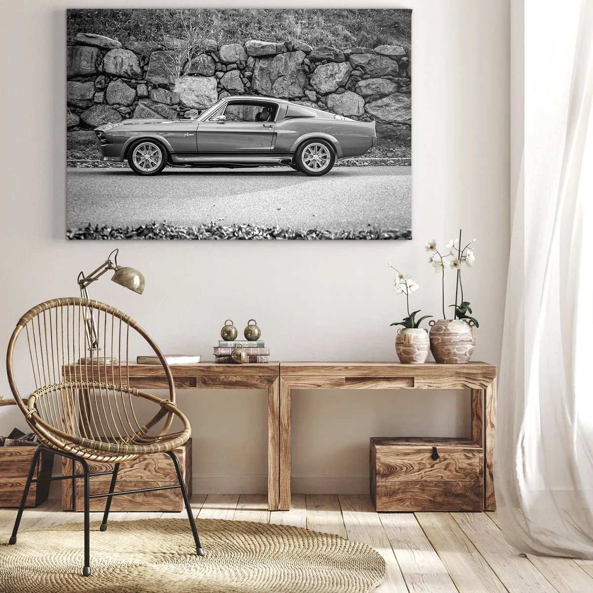Lærredstryk - Billede på lærred - Sort-hvidt foto af en klassisk bil - 70x50cm - En legende fra 1960'erne. - Moderne vægdekoration til stue og soveværelse ARTTOR