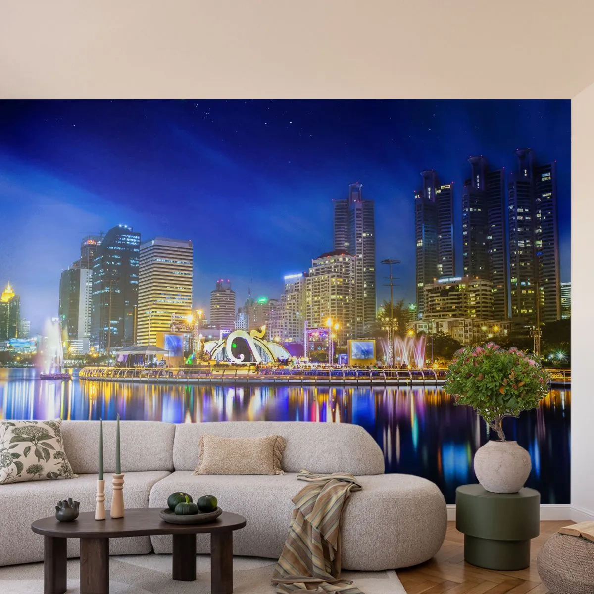Fototapet Premium Sand - Regnbuenat i metropolen - By, Bangkok, Arkitektur - 400x280 cm