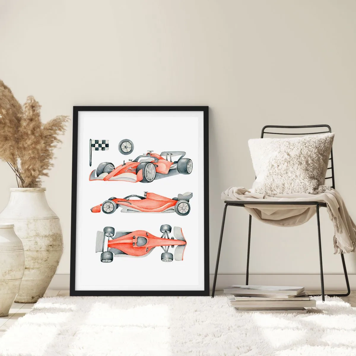 Plakat i sort ramme - Akvarel illustration af en racerbil - 50x70cm - At indhente en drøm - Moderne vægdekoration til stue og soveværelse ARTTOR
