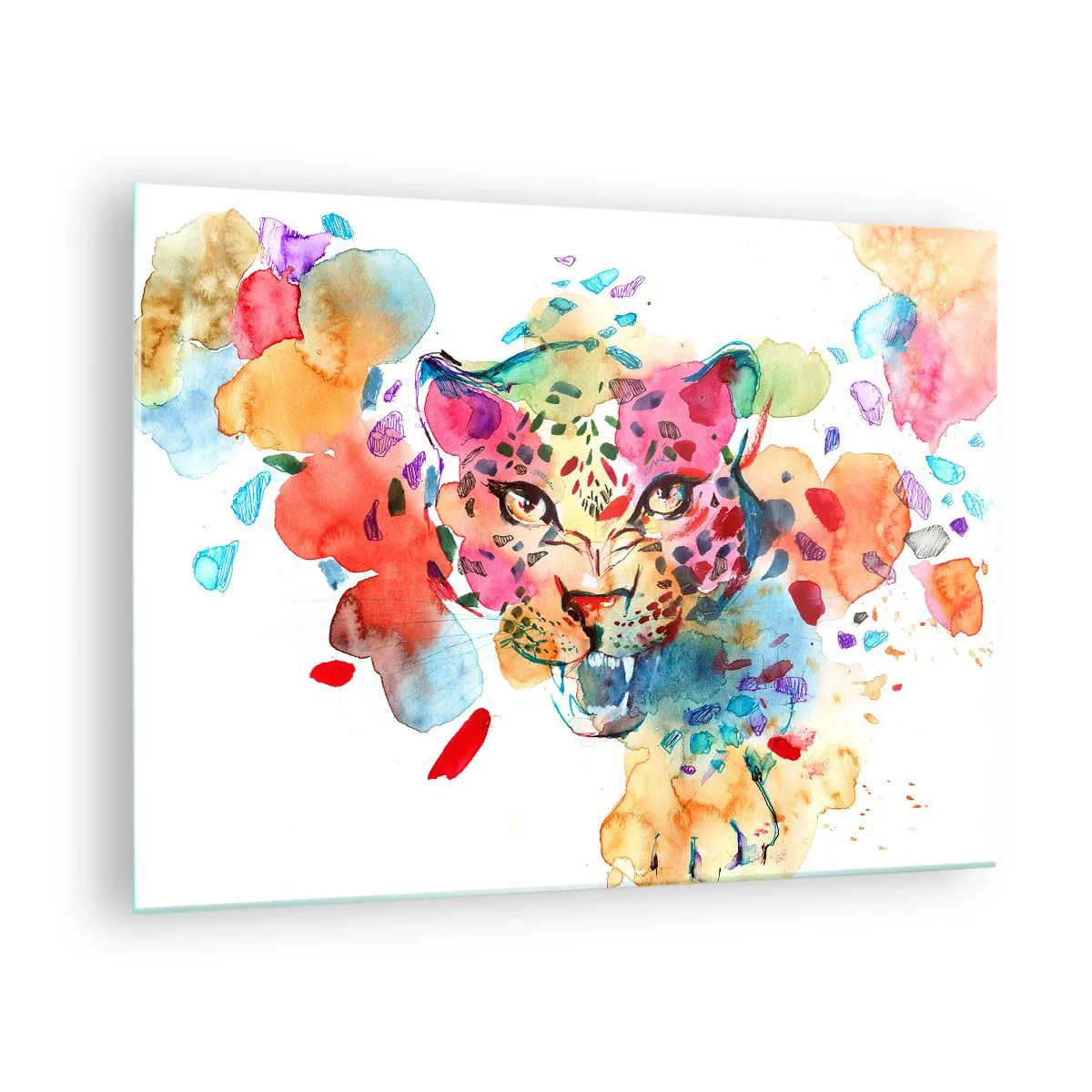 Billede på glas - Farverigt akvarelportræt af en leopard - 70x50cm - Skønheden og udyret - Moderne vægdekoration til stue og soveværelse ARTTOR