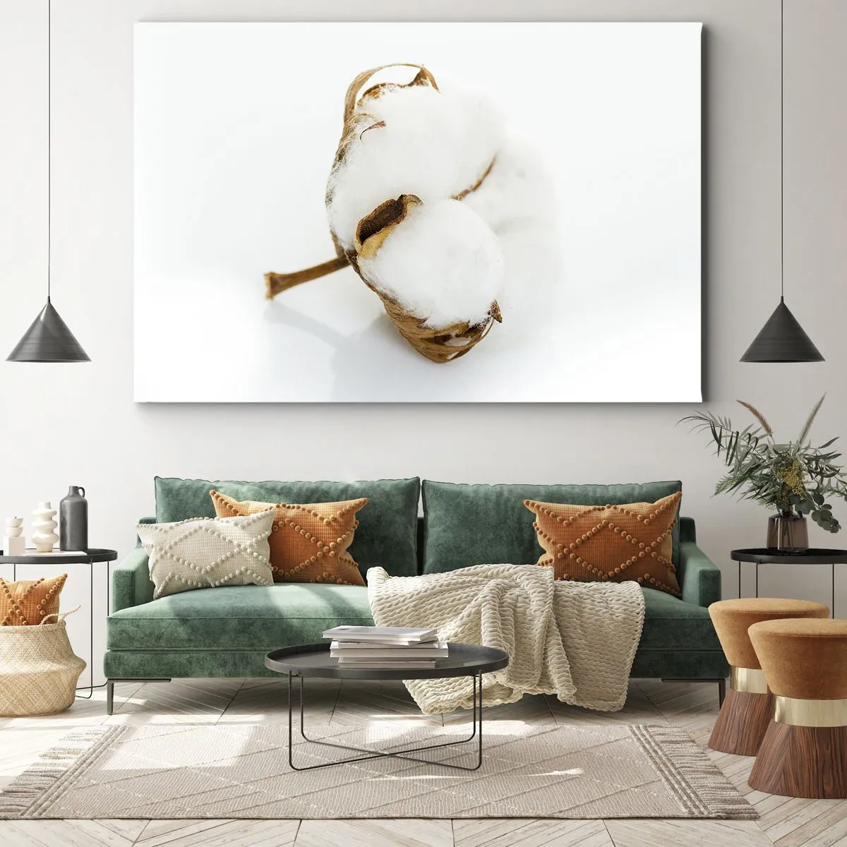 Lærredstryk - Billede på lærred - En bomuldsgren på en lys baggrund i en minimalistisk tilgang - 70x50cm - Blød af natur - Moderne vægdekoration til stue og soveværelse ARTTOR