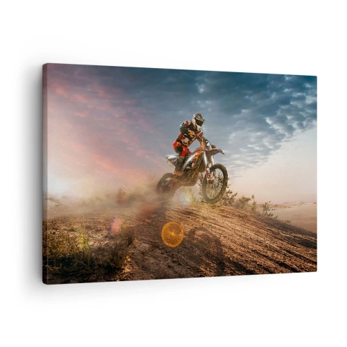 Lærredstryk - Billede på lærred - Motorcyklist i klitterne ved solnedgang - 70x50cm - For sejren - Moderne vægdekoration til stue og soveværelse ARTTOR