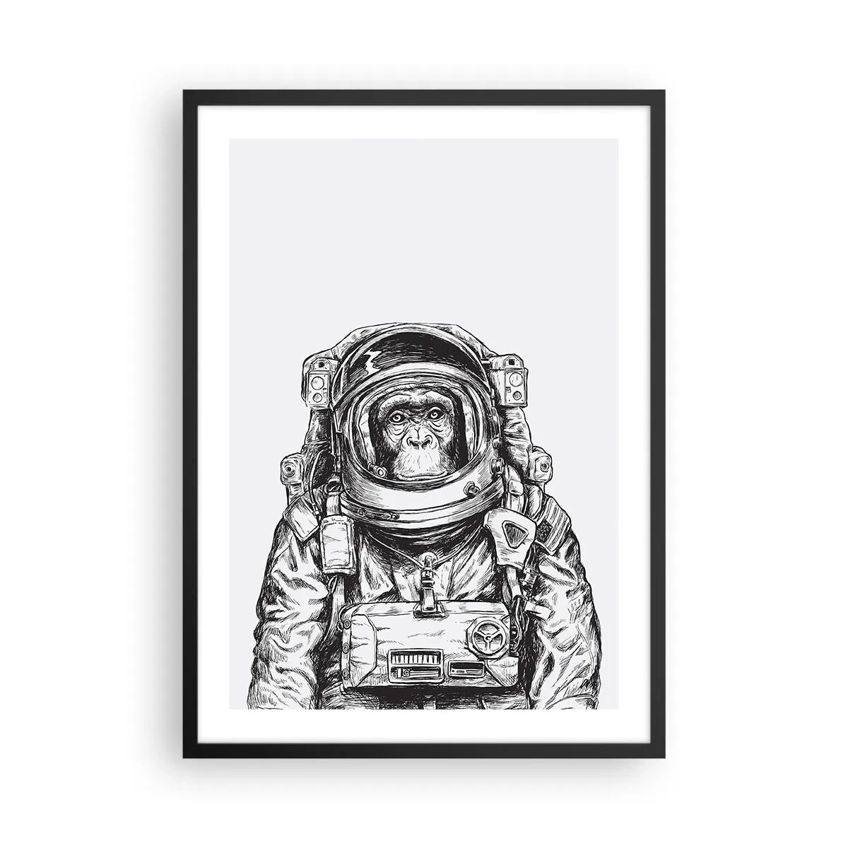 Plakat i sort ramme - En abe i en rumdragt på en hvid baggrund - 50x70cm - Alternativ evolution - Moderne vægdekoration til stue og soveværelse ARTTOR
