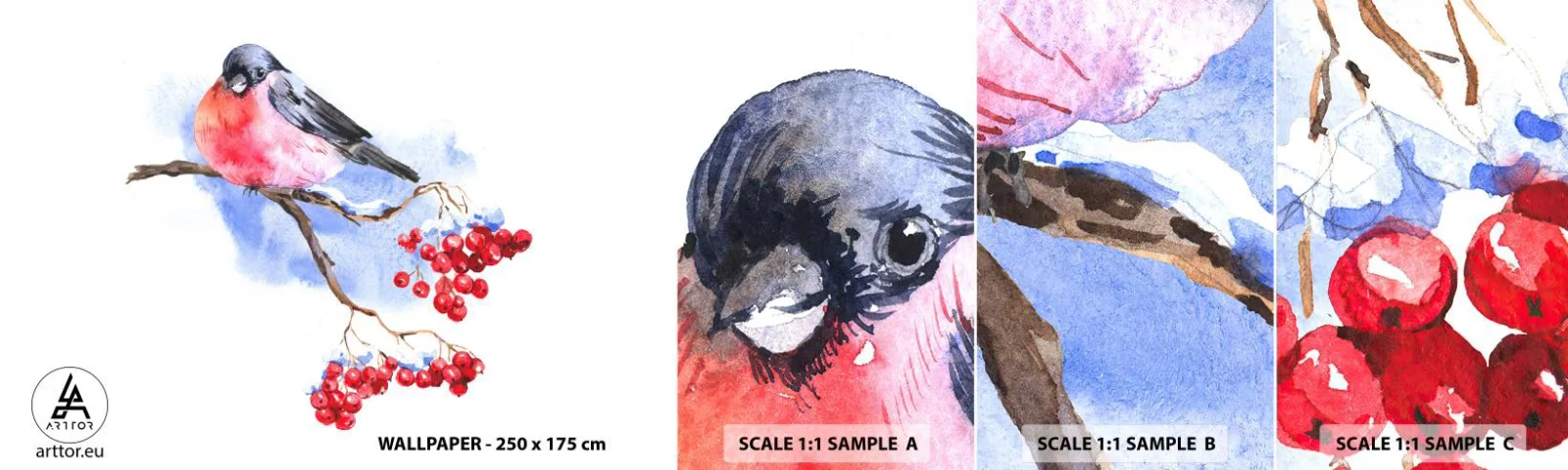 Prøve Fototapet Selvklæbende Deluxe Sticker - Vinter i farver - Fugl På En Gren, Rød røn, Grafik - 100x30 cm