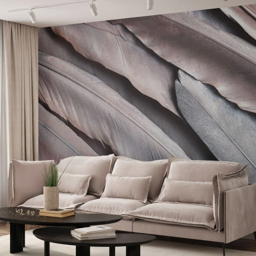 Fototapet Selvklæbende Deluxe Sticker - I lyserødt sølv - Fuglens fjer, Grafik, Boho - 350x256 cm