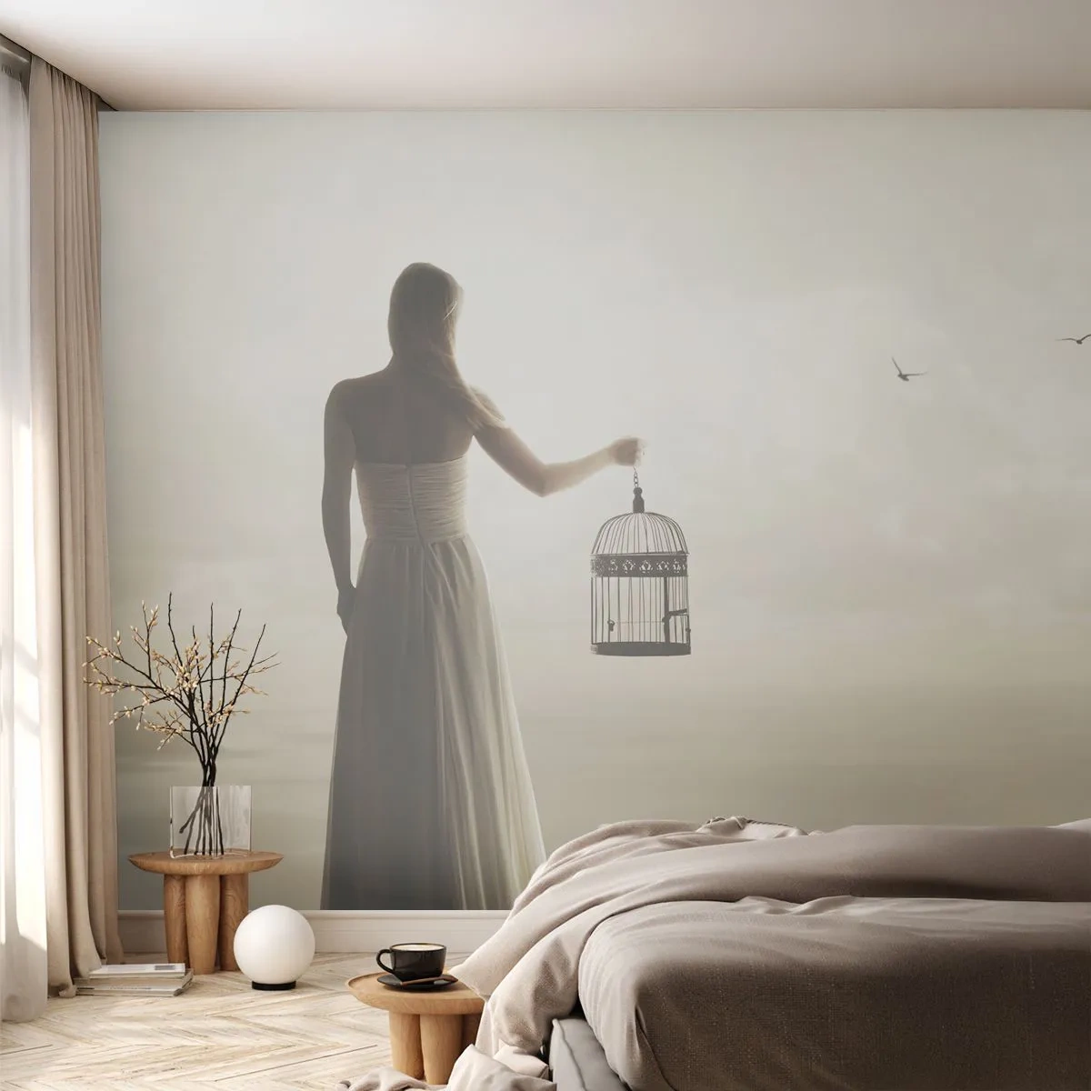 Fototapet Premium Canvas - Vær fri - Kvinde, Fuglebur, Fugl - 300x210 cm