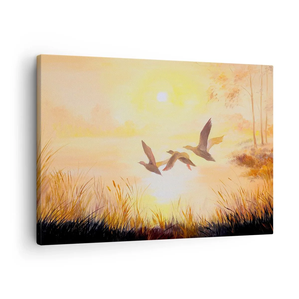 Lærredstryk - Billede på lærred - Ænder flyver ved solopgang over søen - 70x50cm - Starten på en lang rejse - Moderne vægdekoration til stue og soveværelse ARTTOR