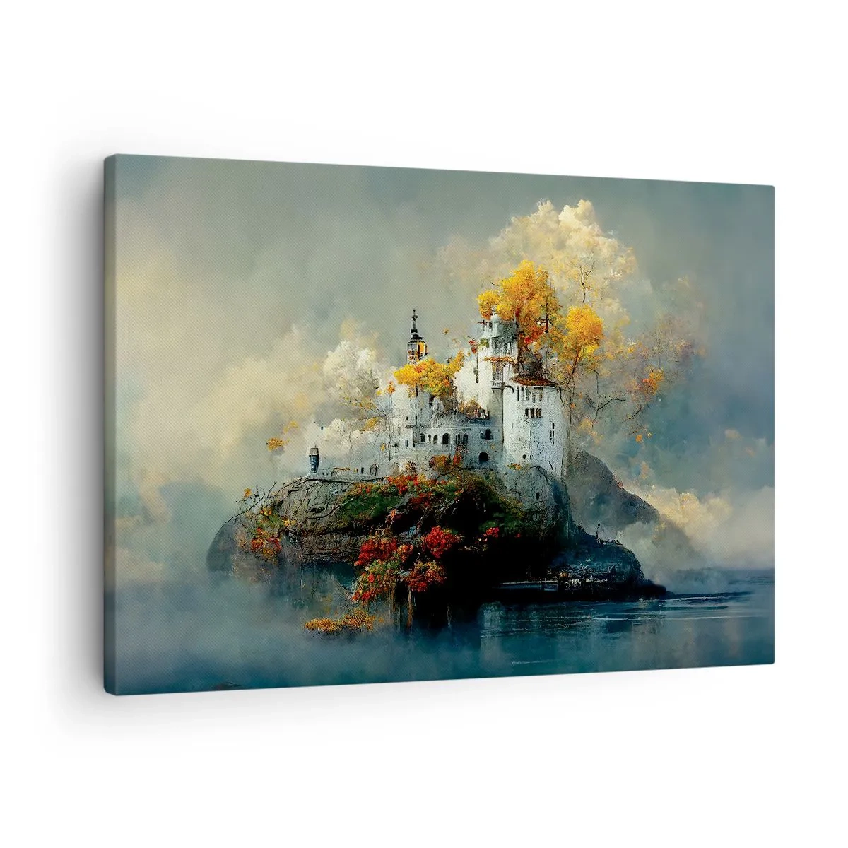 Lærredstryk - Billede på lærred - Et slot på en bakke omgivet af efterårstræer - 70x50cm - Begyndelsen på en romantisk historie - Moderne vægdekoration til stue og soveværelse ARTTOR