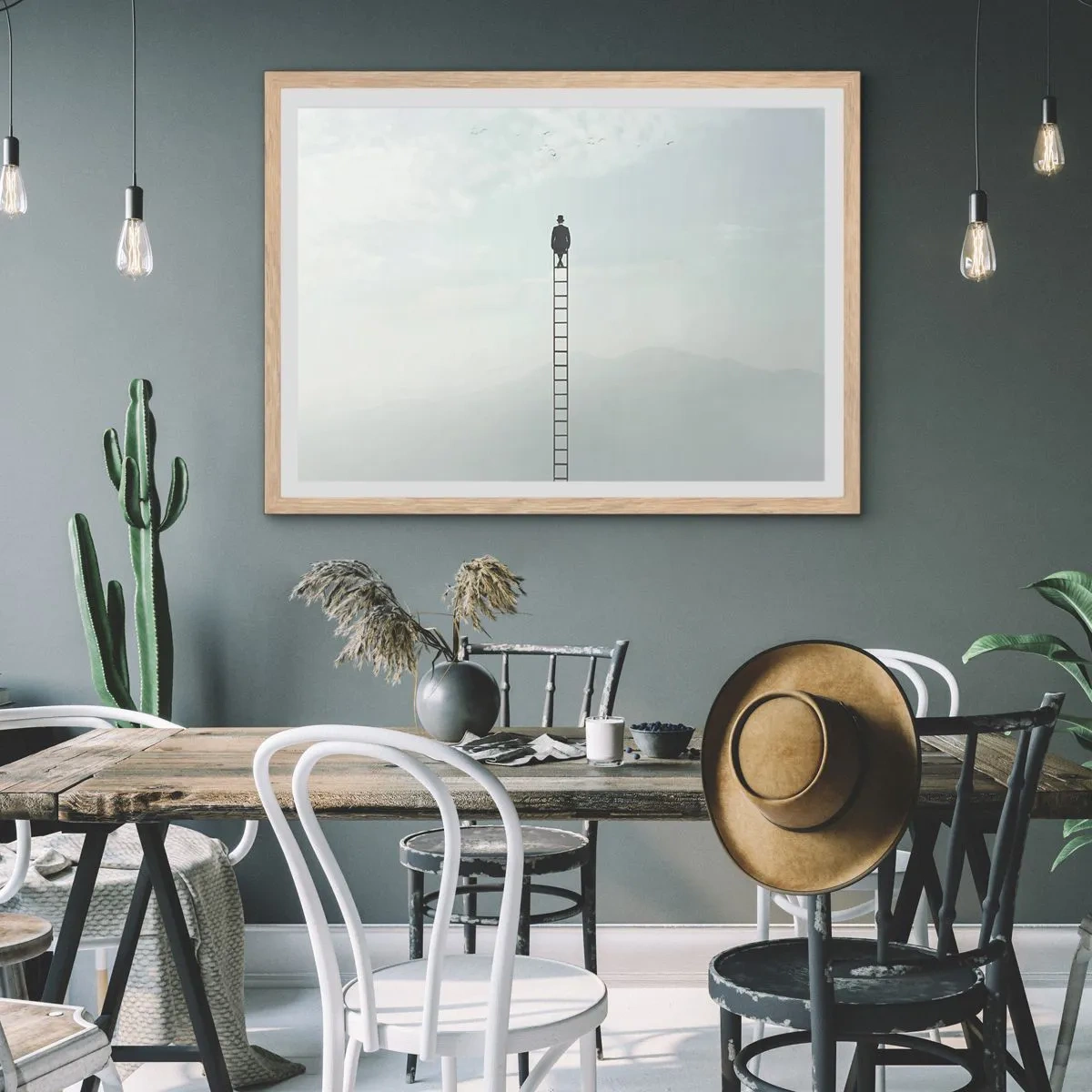 Plakat i ramme af lyst egetræ - Stig yderligere - 70x50 cm