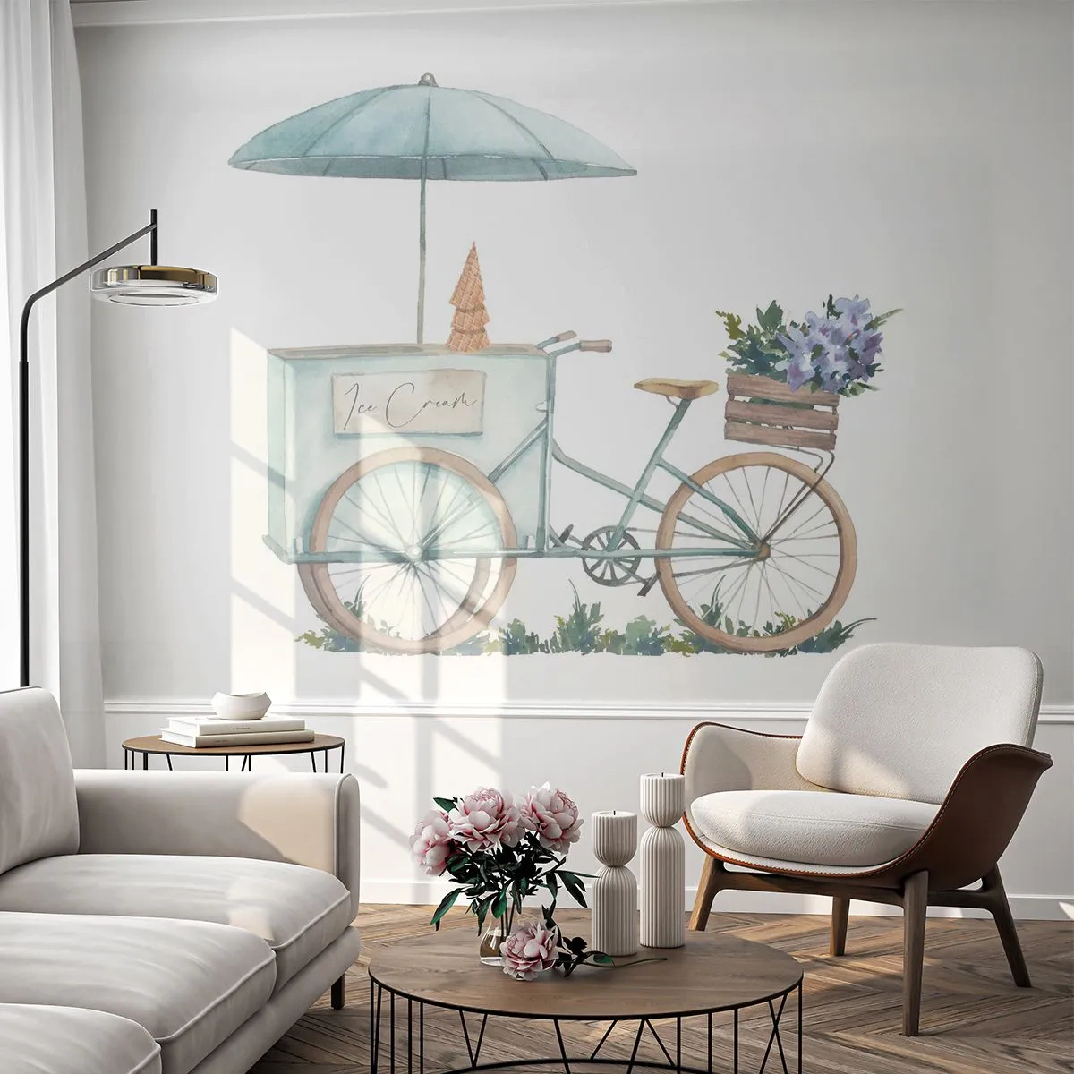 Fototapet Selvklæbende Deluxe Sticker - Sødt minde om sommeren - Pastel, Is, Cykel - 100x70 cm