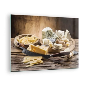 Billede på glas - Ostebræt med kniv på rustikt bord - 70x50cm - Smil til osten - Moderne vægdekoration til stue og soveværelse ARTTOR