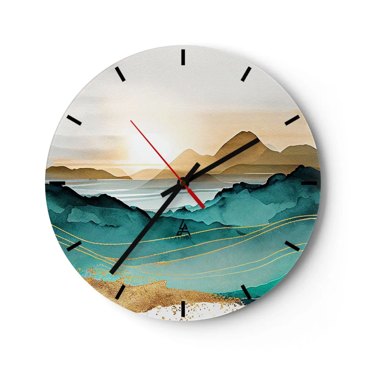 Vægur, Uret - Solnedgang over et abstrakt bjerglandskab - 30x30cm - På grænsen til abstraktion - landskab - Moderne vægdekoration til stue, køkken og soveværelse ARTTOR