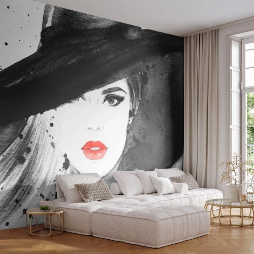 Fototapet Selvklæbende Deluxe Sticker - Dame i sort - Kvinde, Kvindens ansigt, Portræt af en kvinde - 500x350 cm