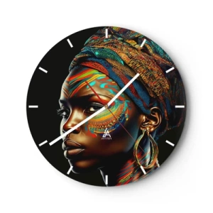 Vægur, Uret - Farveportræt af en kvinde i turban mod en sort baggrund - 30x30cm - Afrikansk dronning - Moderne vægdekoration til stue, køkken og soveværelse ARTTOR