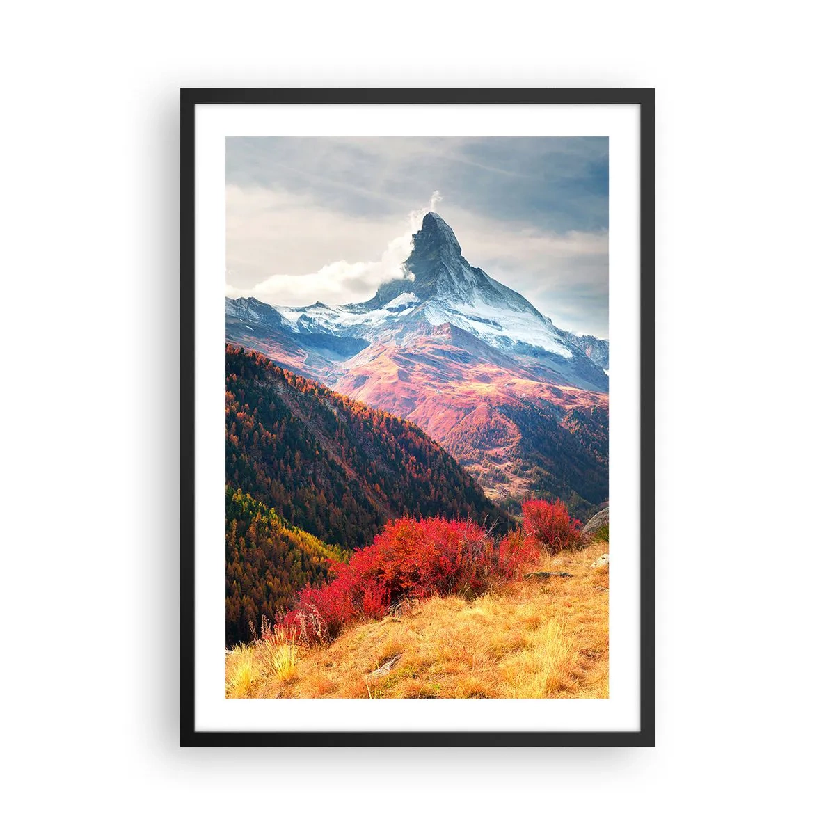 Plakat i sort ramme - Efterårsbjerglandskab med en snedækket top - 50x70cm - Alpernes efterår - Moderne vægdekoration til stue og soveværelse ARTTOR