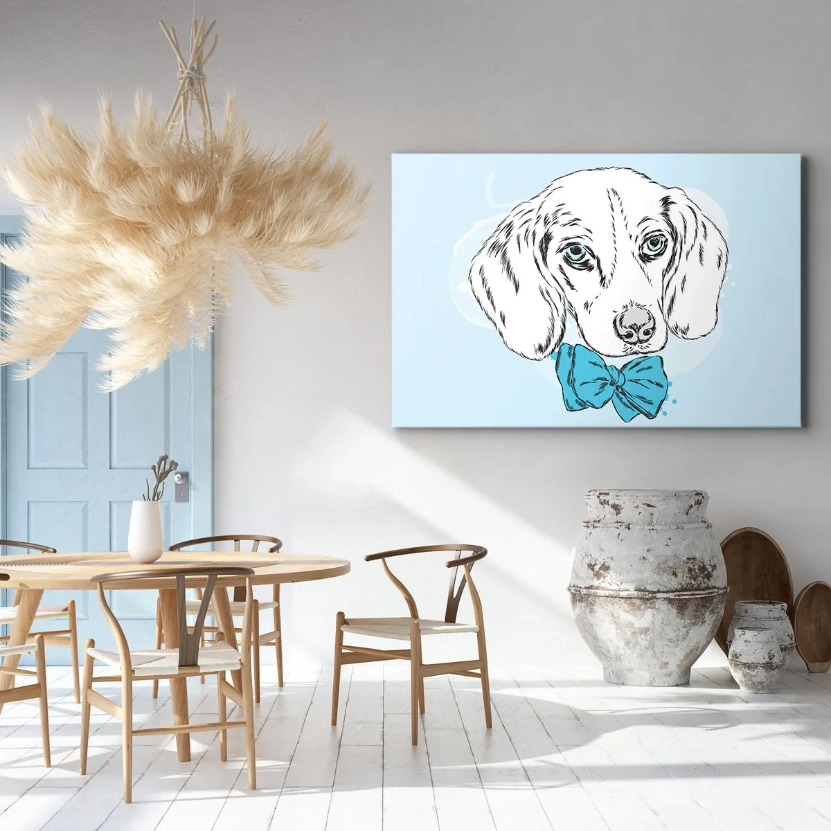 Lærredstryk - Billede på lærred - Yndig grafik af en hund med en butterfly på en pastelfarvet baggrund - 70x50cm - Elegance for hunde - Moderne vægdekoration til stue og soveværelse ARTTOR