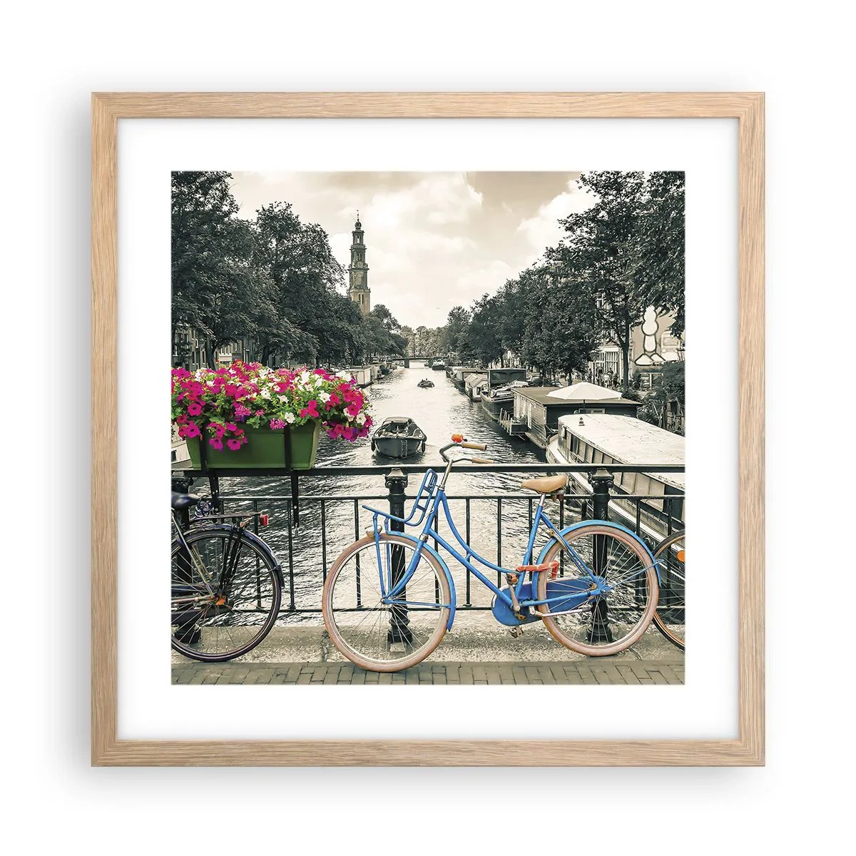 Plakat i ramme af lyst egetræ - Farverne i Amsterdams gader - 40x40 cm