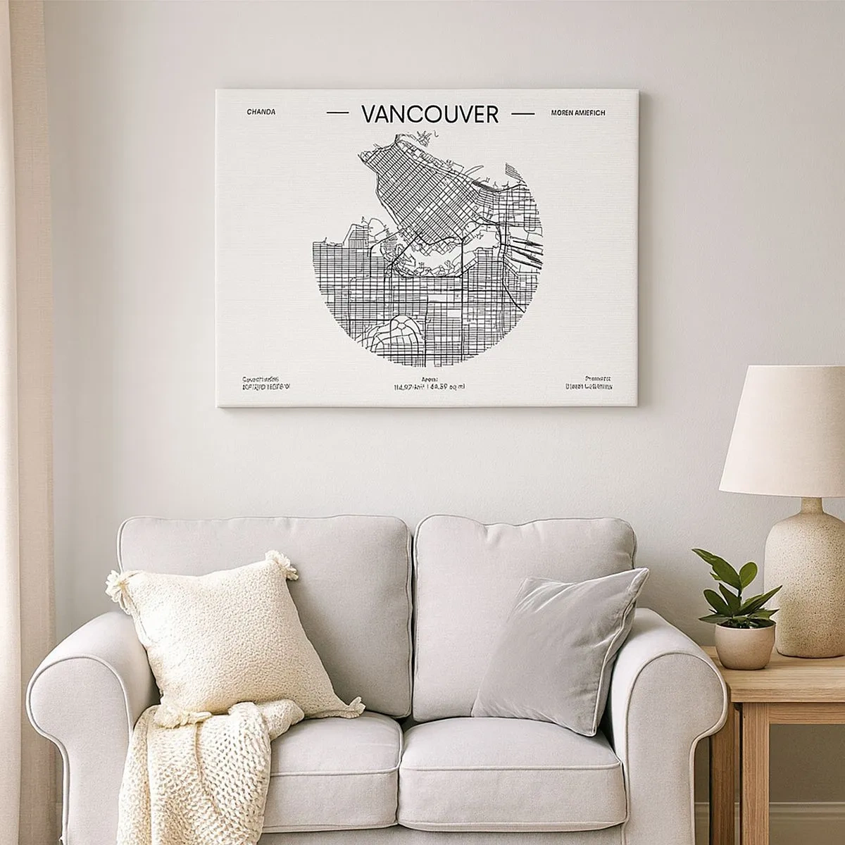 Lærredstryk - Billede på lærred - Et kort over Vancouver i minimalistisk sort-hvid stil - 70x50cm - Anatomi af Vacouver - Moderne vægdekoration til stue og soveværelse ARTTOR