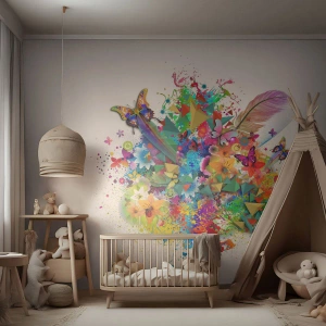 Fototapet Selvklæbende Deluxe Sticker - En buket af glæde - Sommerfugl, Blomst, Grafik - 100x70 cm